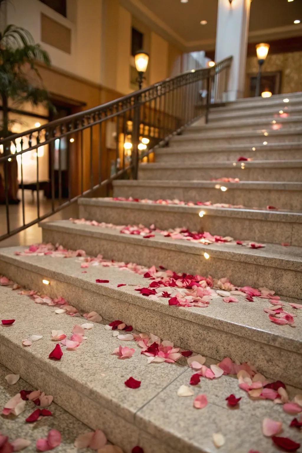 Petals of roses scattered along the steps add an elegance that is traditional and sentimental.