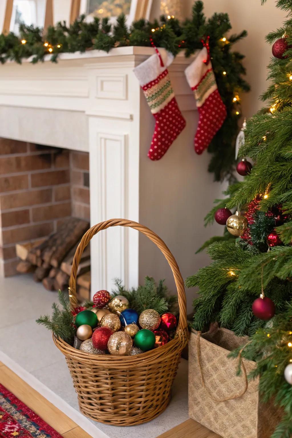 Ornaments provide holiday happiness to your seasonal décor when displayed in a basket.