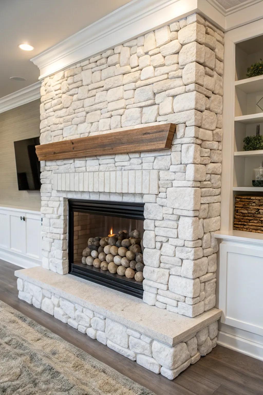 A fusion of materials yields a dynamic and fascinating fireplace aesthetic.