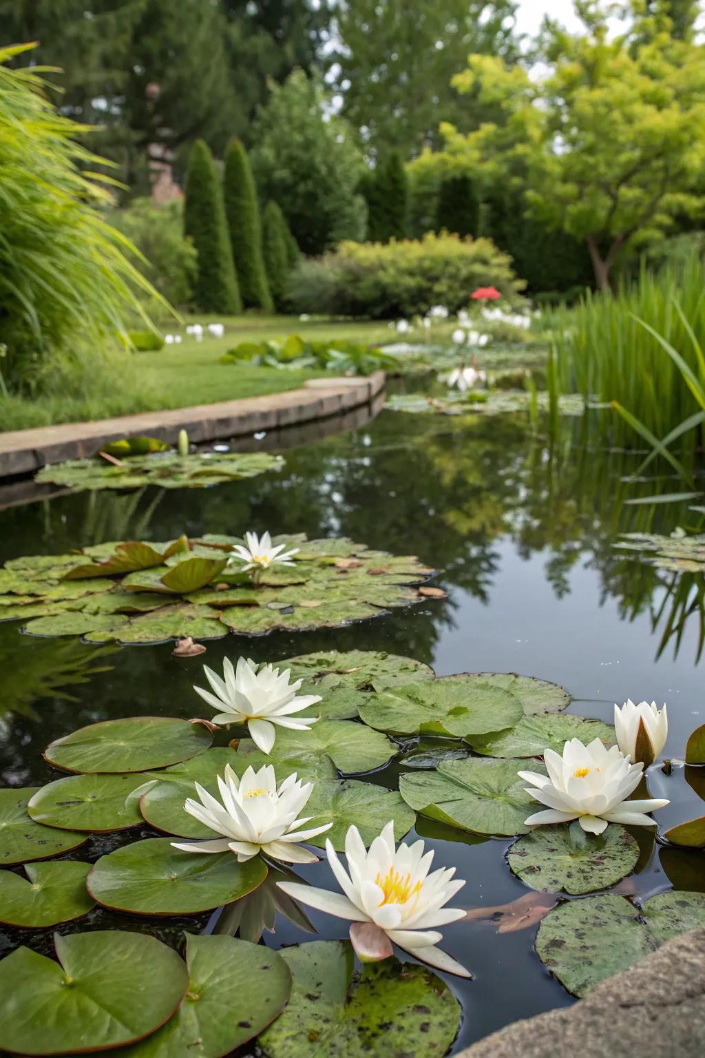 Pale water lilies in a pool carry serenity and elegance to the garden.