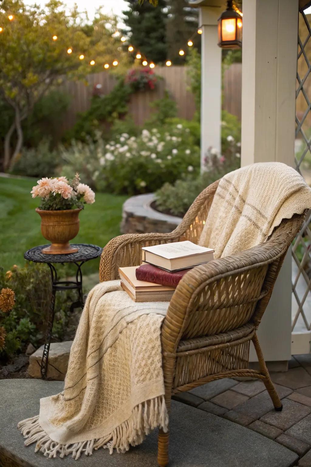 Crafting a serene reading retreat with wicker charm.