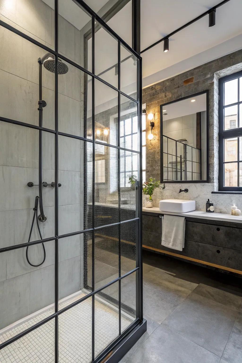 Metallic frames showcase industrial sophistication within the shower arena.