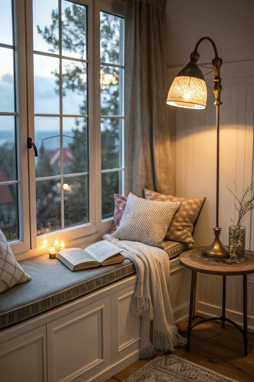 A window nook uses a reading lamp to light the space.