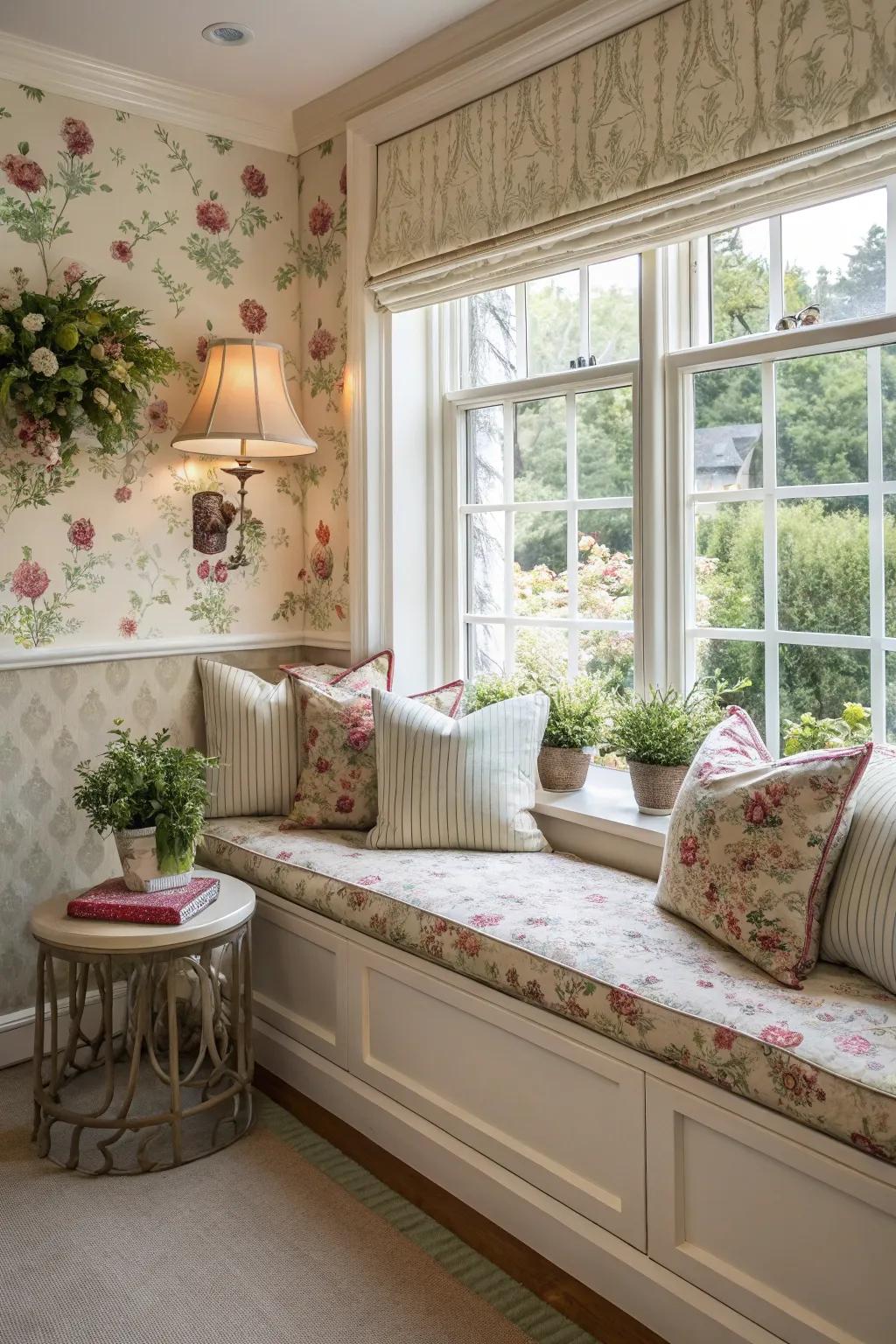 Coordinating designs add unity to your window seating area.