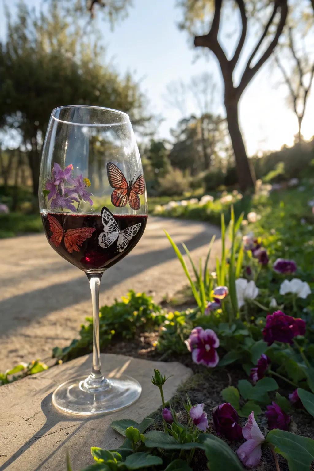 Butterfly art adds a touch of whimsy to your wine glass.