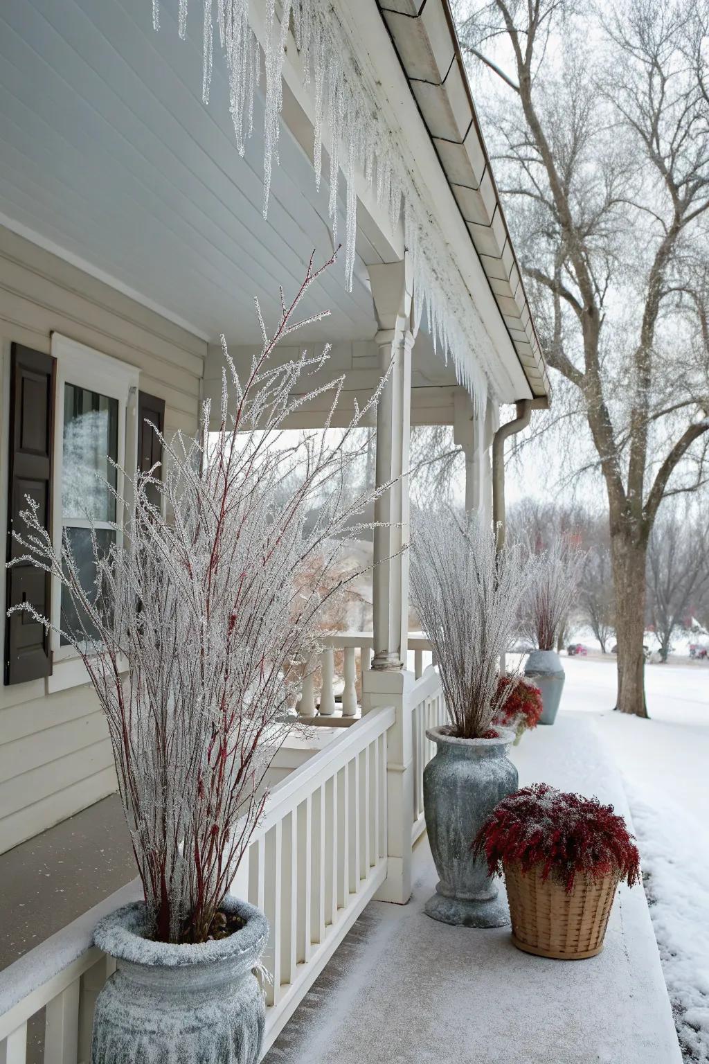 Frosted branches contribute a sparkling elegance to this winter porch.