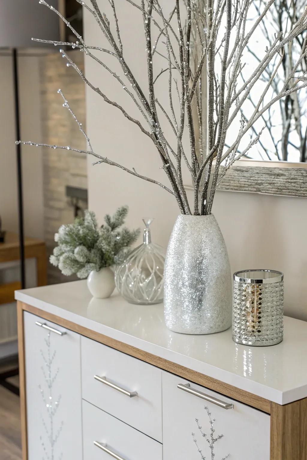 Gold branches and fake snow create a stylish and present day winter design.