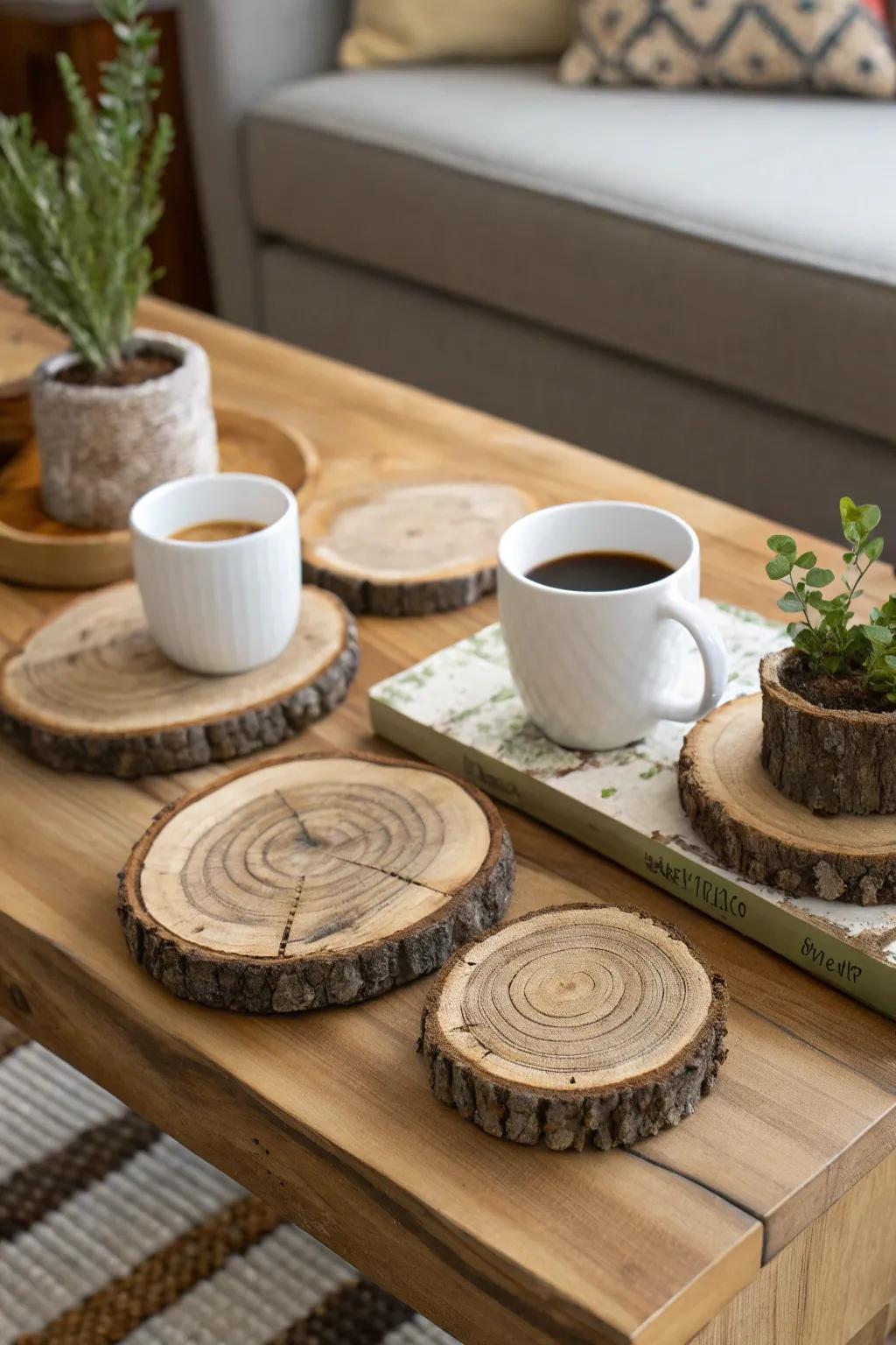 Timber segment coasters embody both functionality and ornamentation.