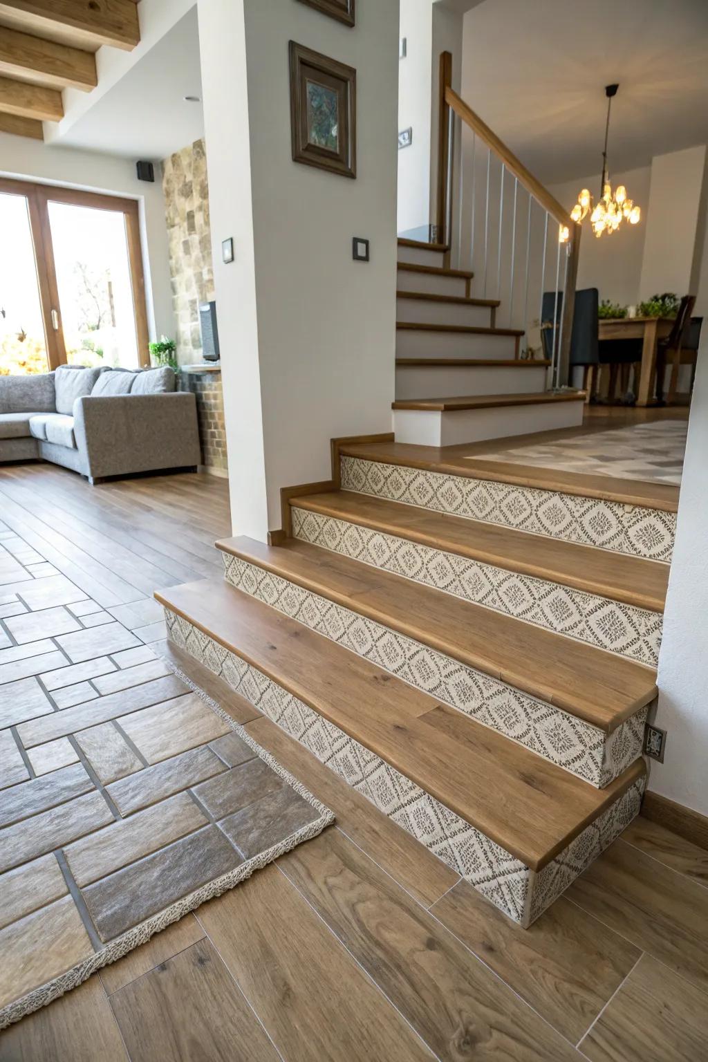 A split-level interior displaying a step shift between different floor types.