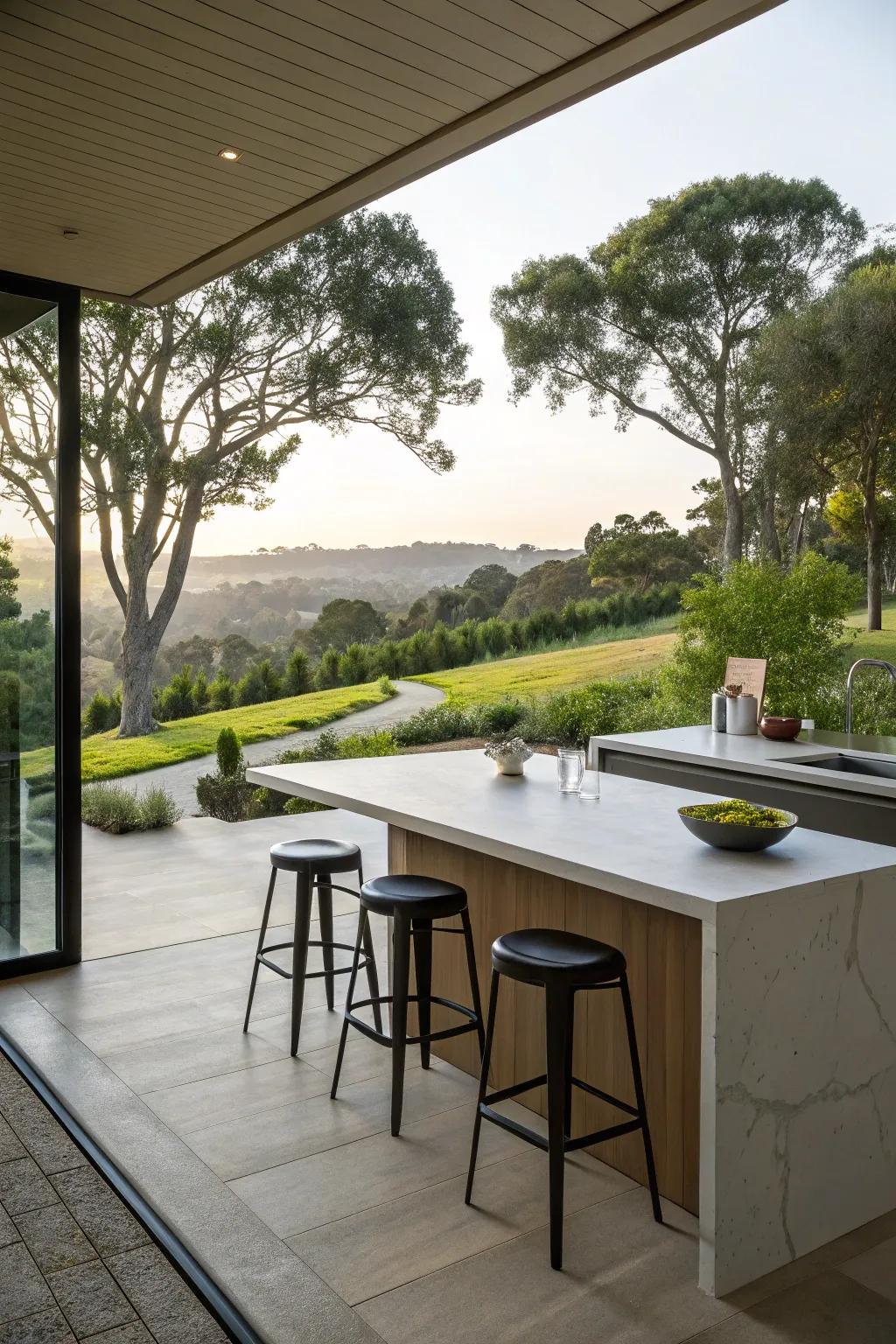 An island that is set up to make the most of the lovely views improves the cooking area experience.