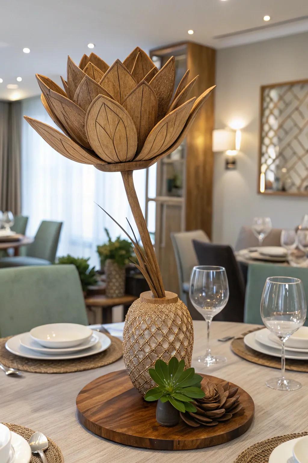 Relish perpetual efflorescence through sophisticated timber blossom sculptures.