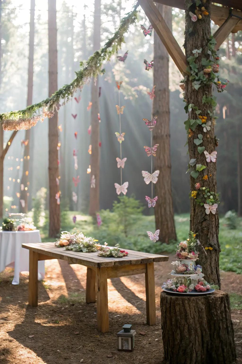 Butterfly garlands add a whimsical touch to the decorations.