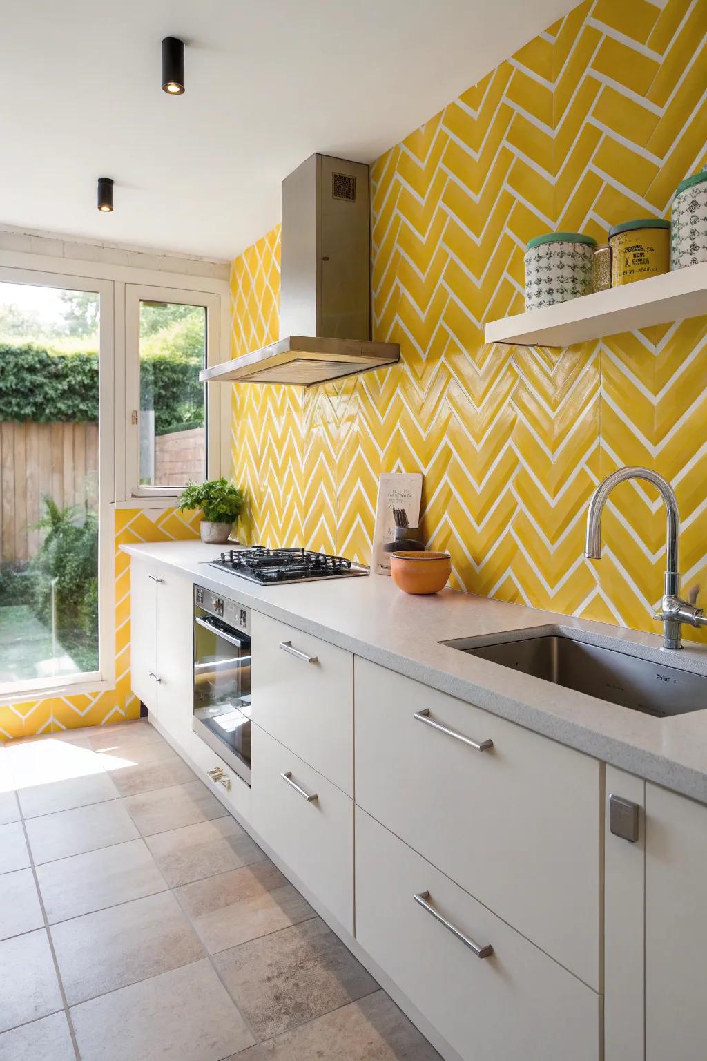 Zigzag layouts in yellow tiles fashion spirited energy.