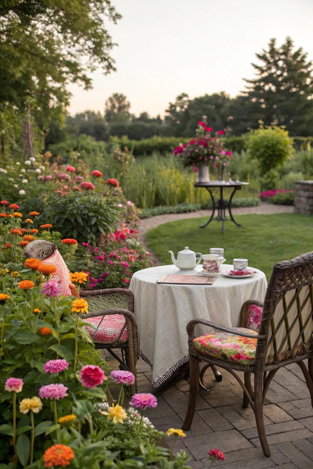 A serene tea garden surrounded by vibrant blossifys.