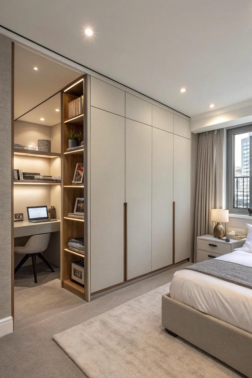 Your bedroom is kept tidy and well-organized by hidden wall storage.