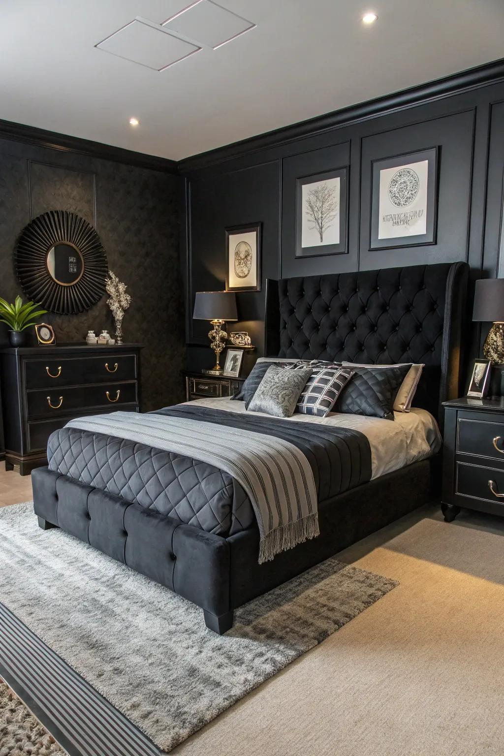 A dark-themed boudoir featuring a striking feature bed as the centerpiece.