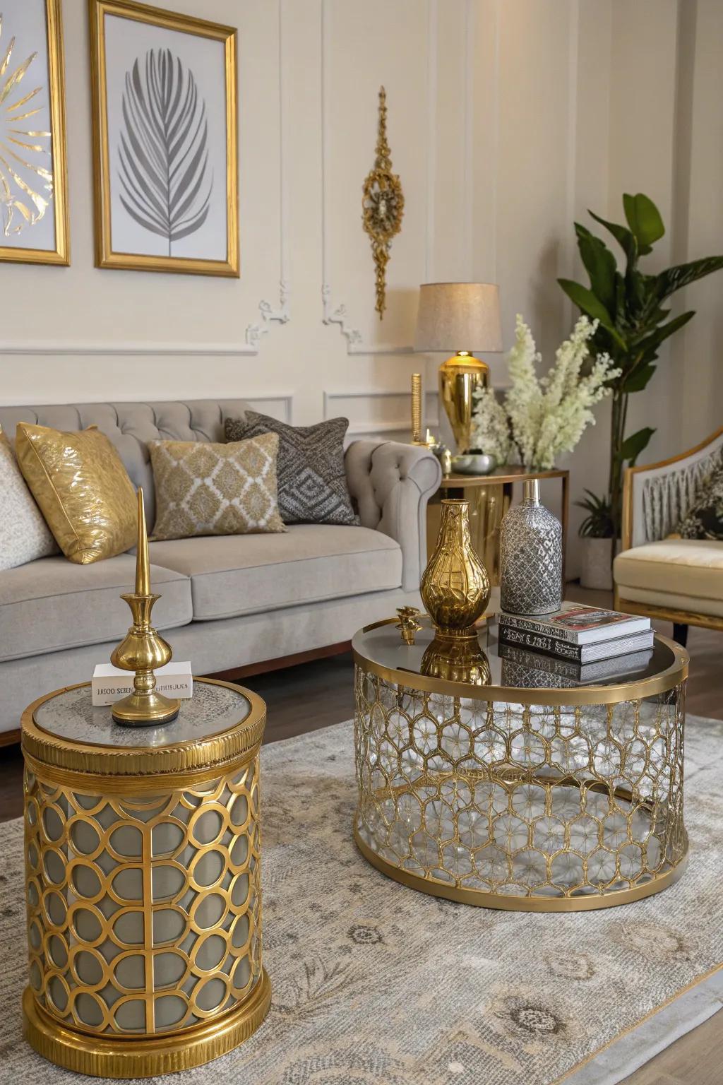 A glamorous living room enhanced with metallic accents.