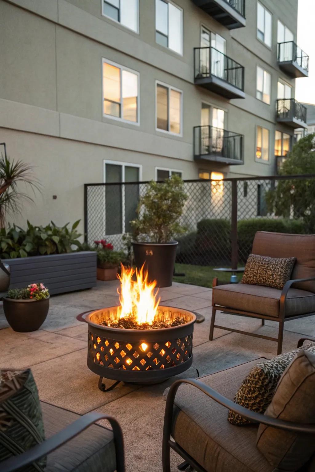 A portable fire pit fashions a cozy congregating location.