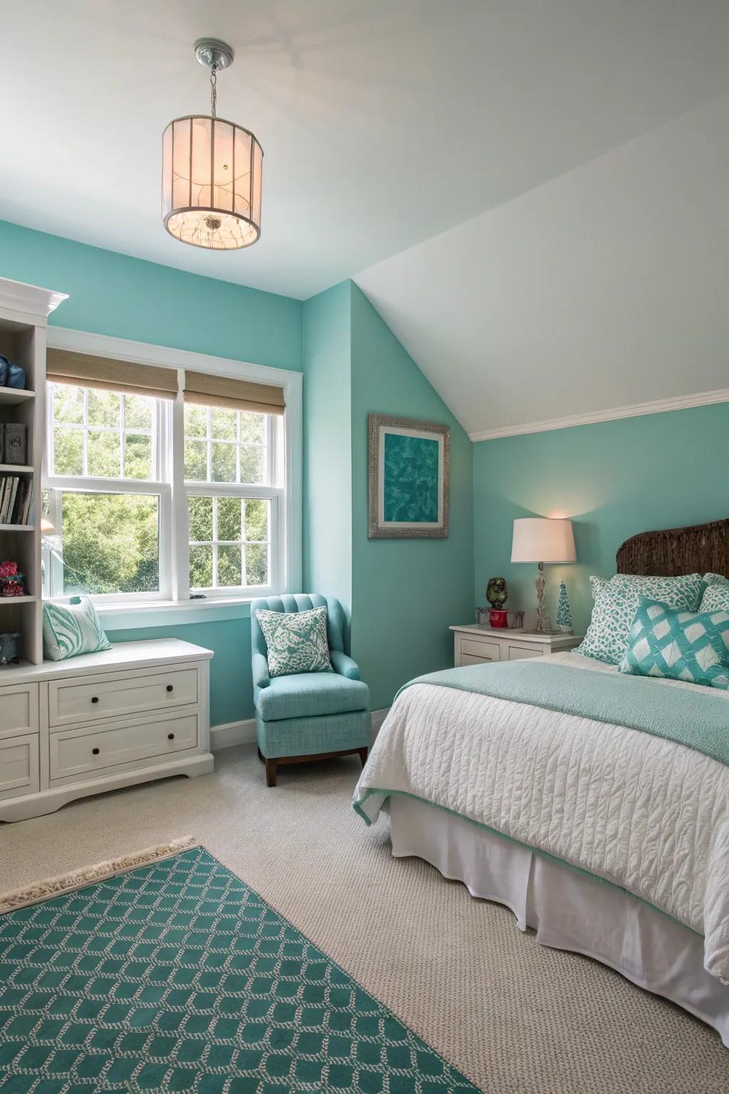 Different sky shades create distinct zones in the bedroom.