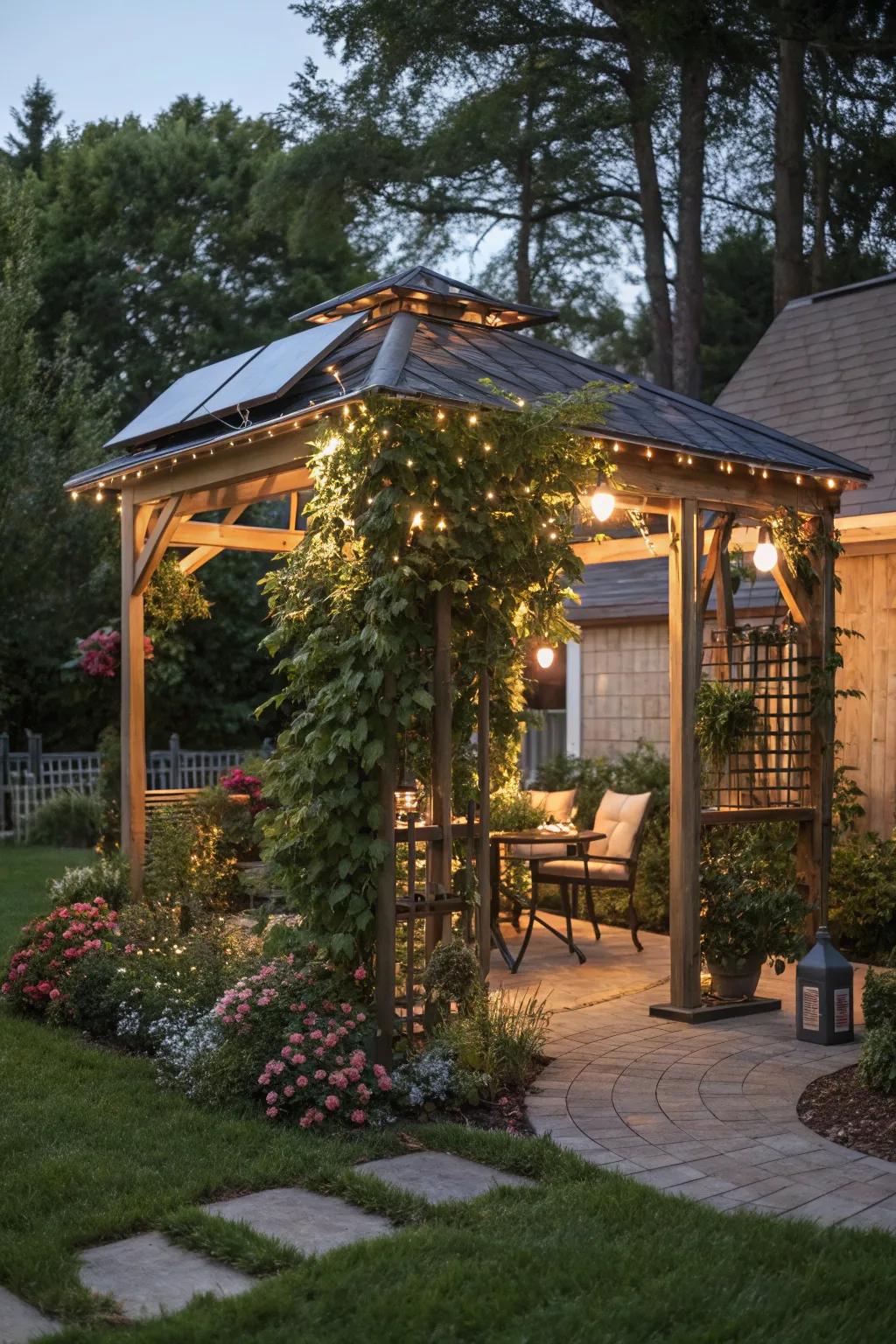 A modern PowerGazebo with an arbor, ideal for evening occasions.