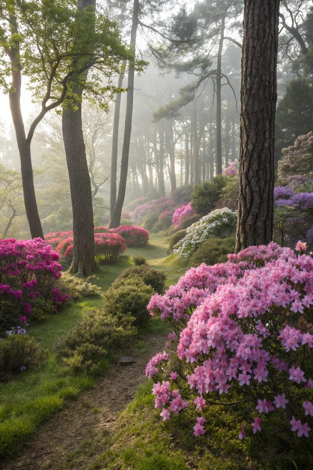A miniature azalea woodland engendering a fanciful garden atmosphere.