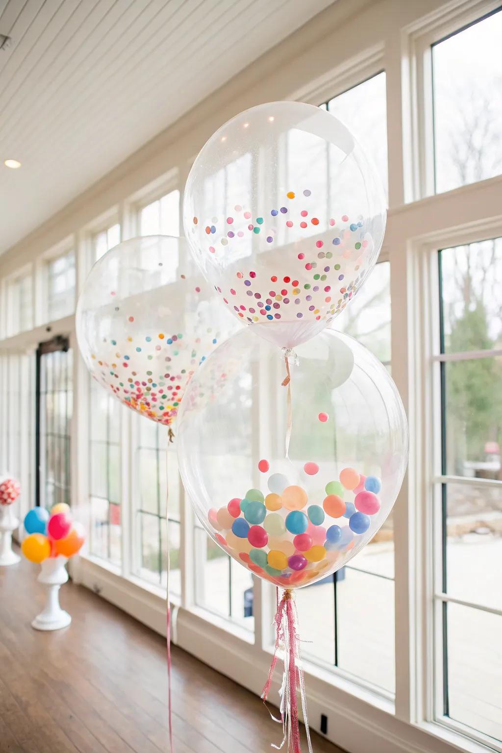 Balloons filled with ornaments offer a spirited showcase.