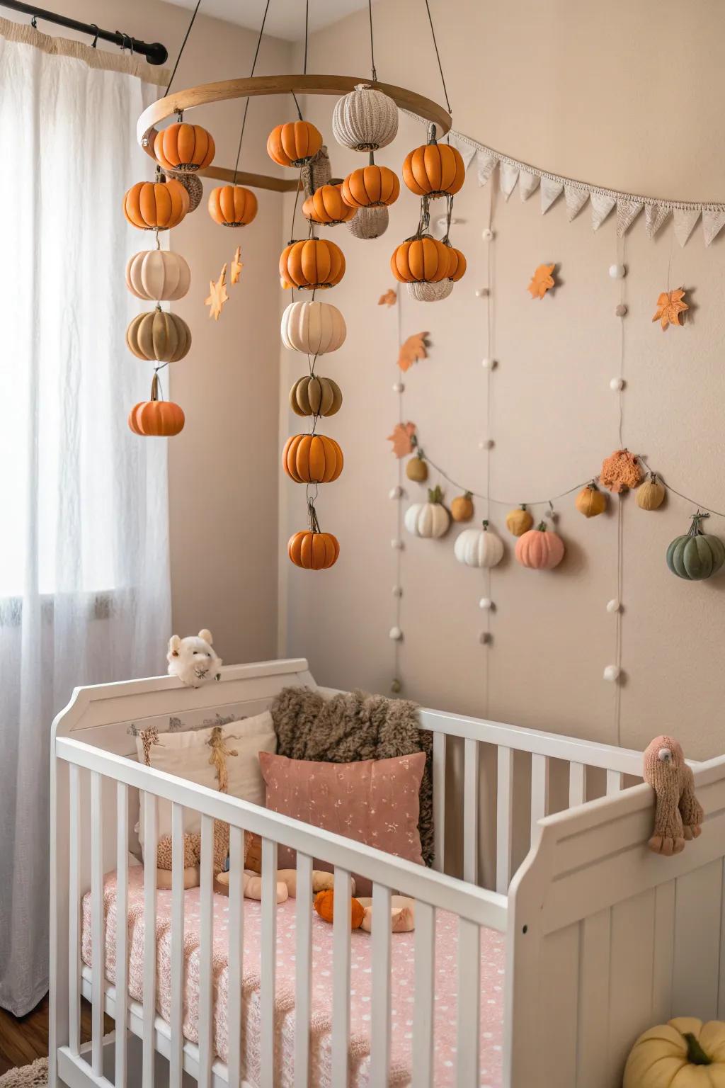 Floating pumpkins create a whimsical nursery ambiance.