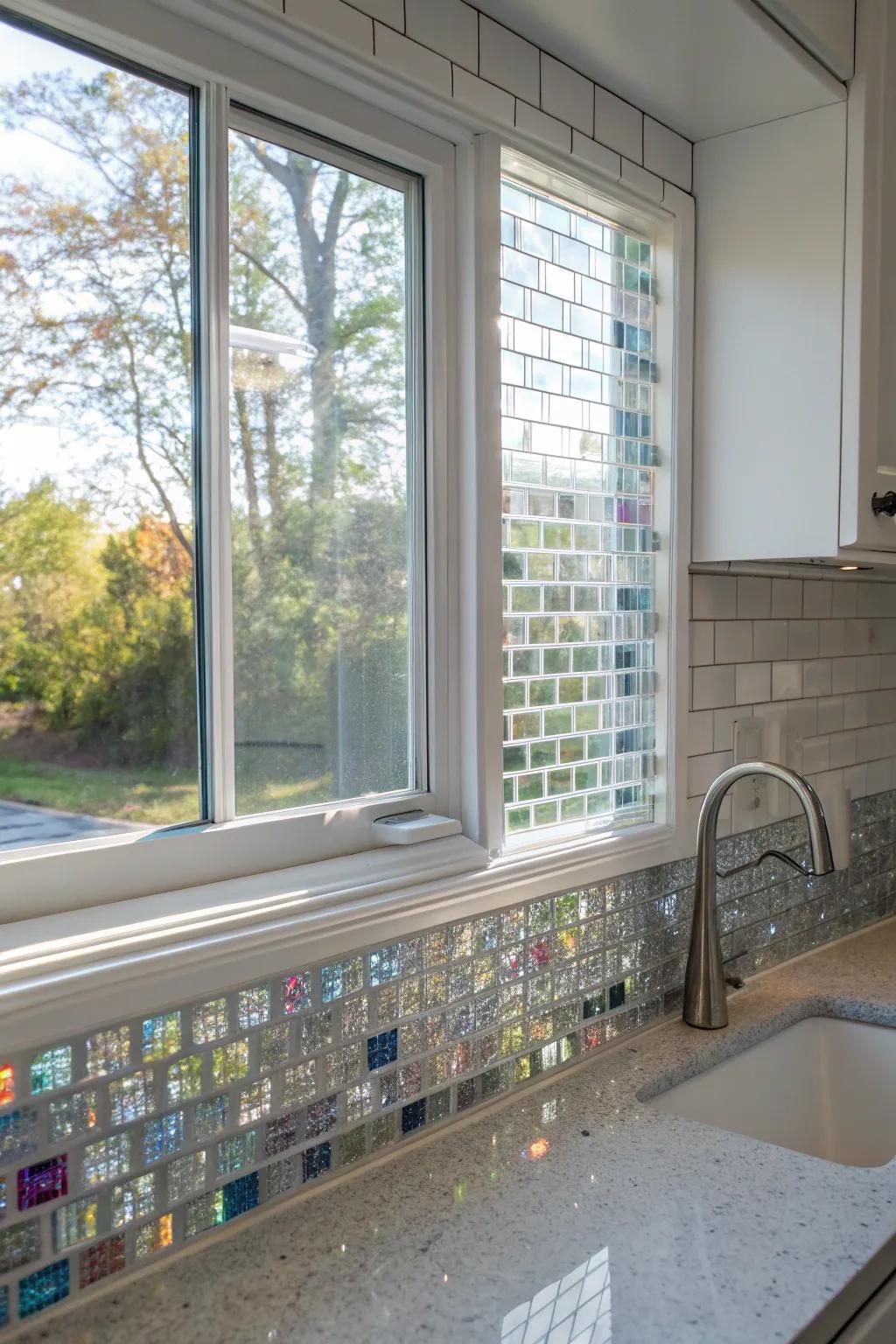 Recycled panels providing an eco-friendly sparkle around a kitchen window.