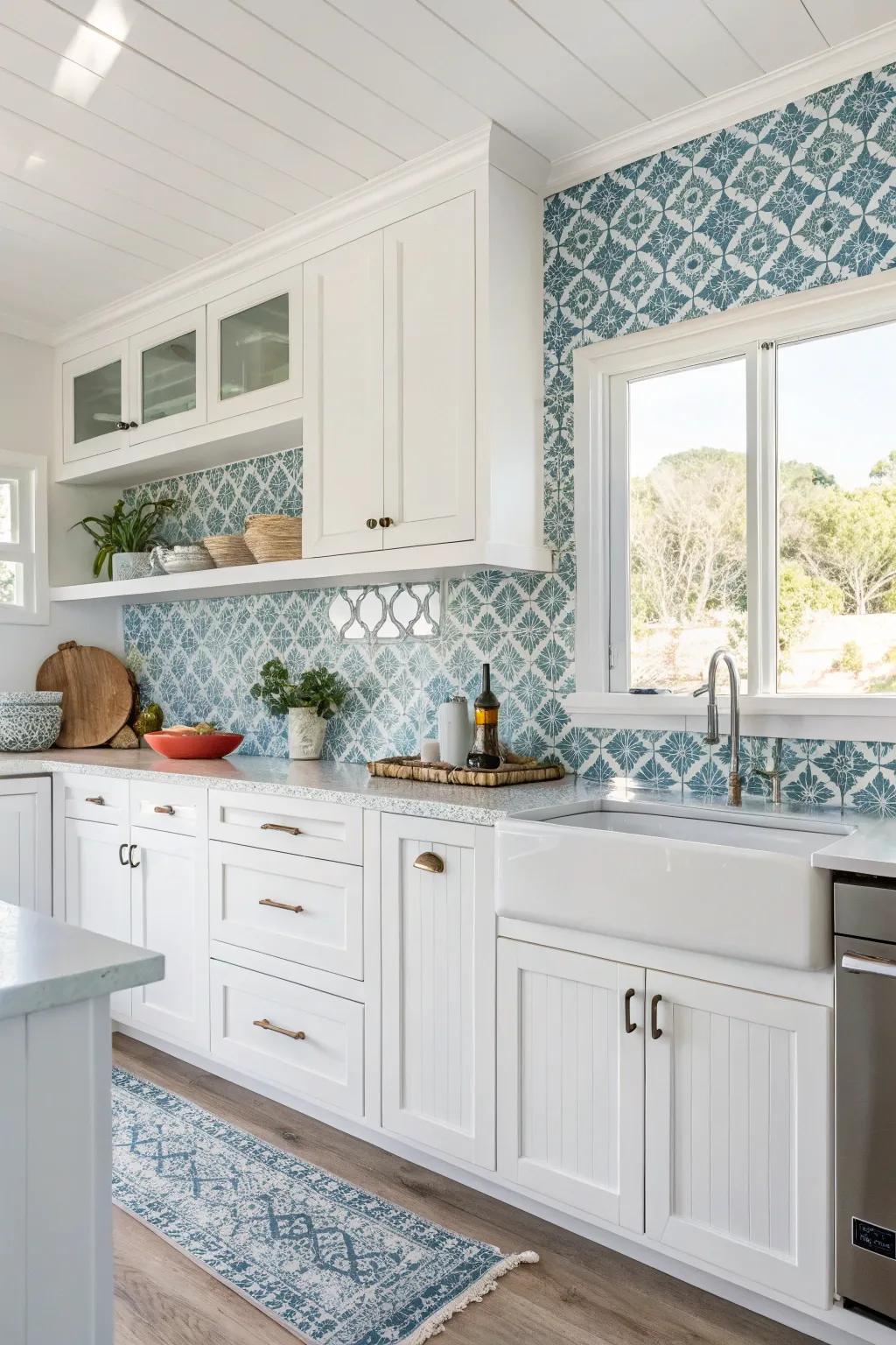 Seaside colors bring a beachside feel to this white kitchen.