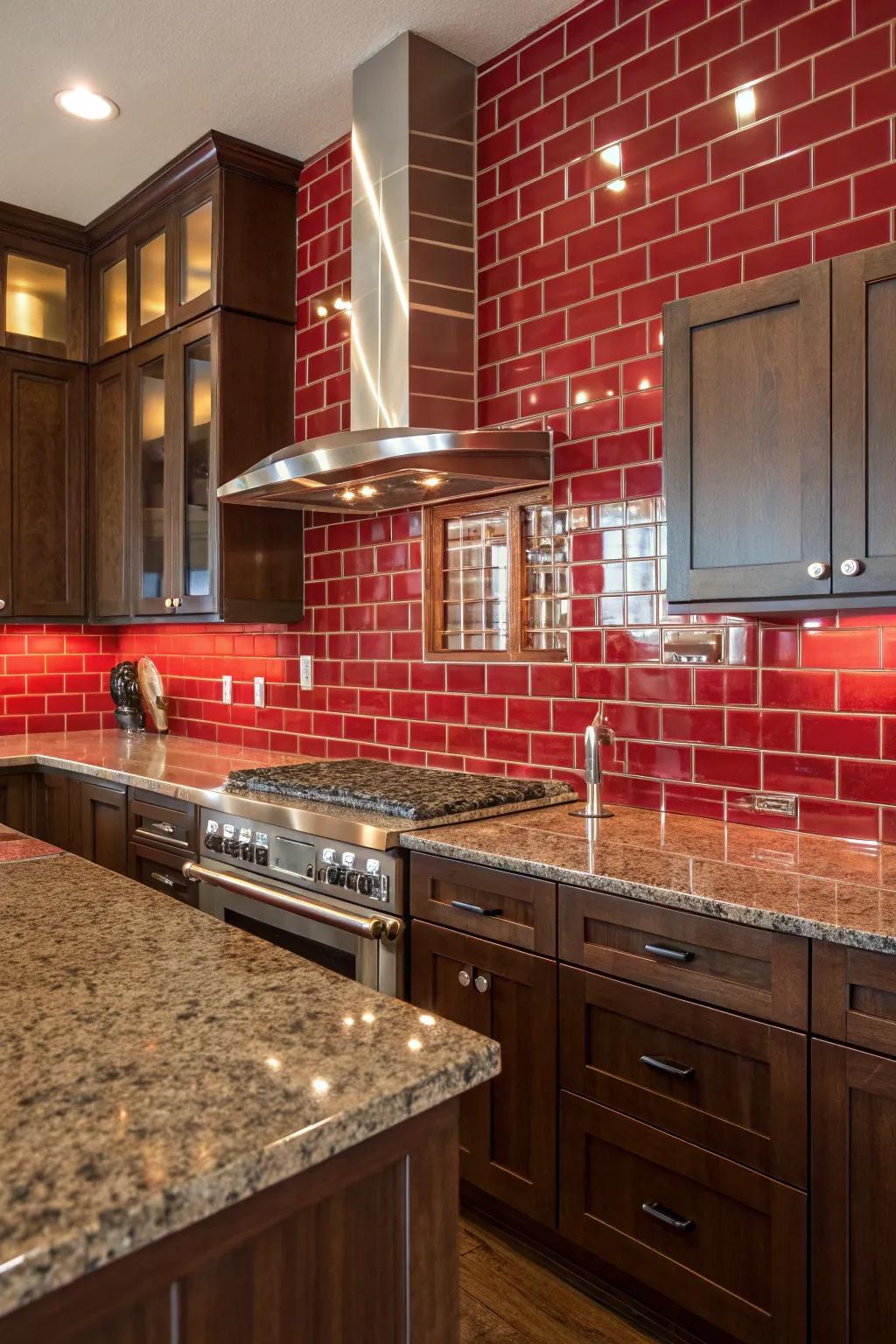 Fiery bricks create a striking accent with mystic earth stone.