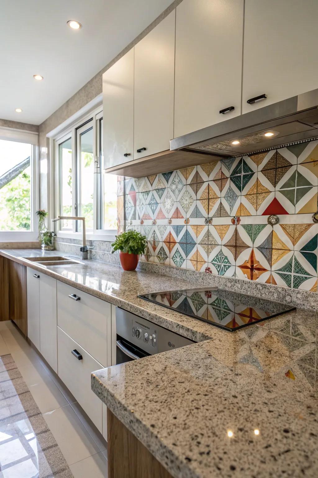 Geometric tiles give stone worktops entertaining designs.