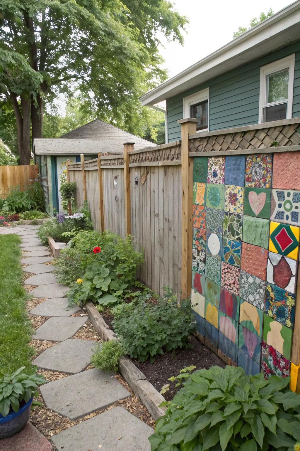Mosaic tile artwork appends a personal emblem to the garden.