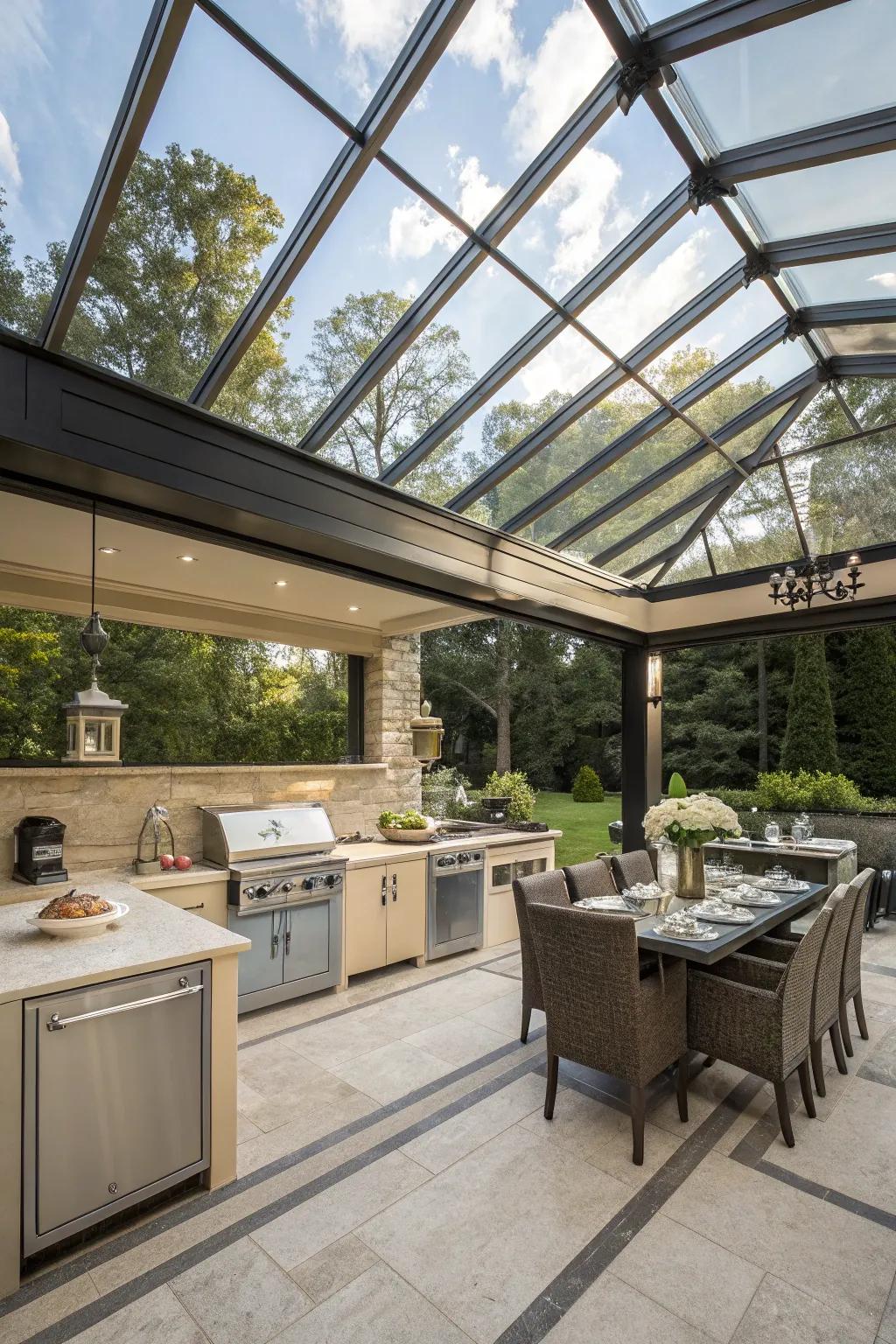 A glass roof makes a smooth connection to the outdoors right in your kitchen.