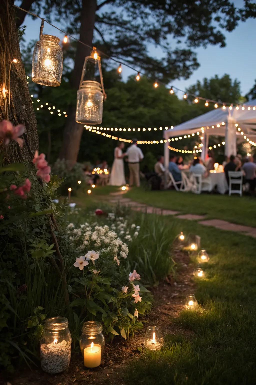 Mason container luminaries cast a rustic glow over the garden party.