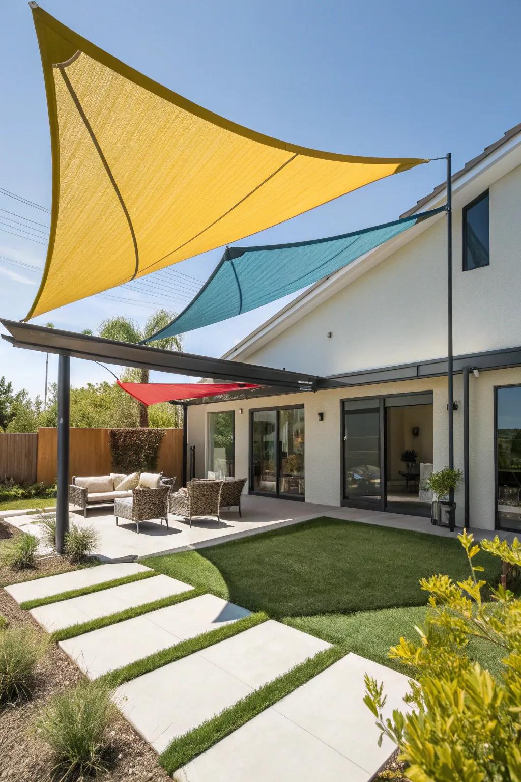 Shade sails provide modern appeal and privacy.