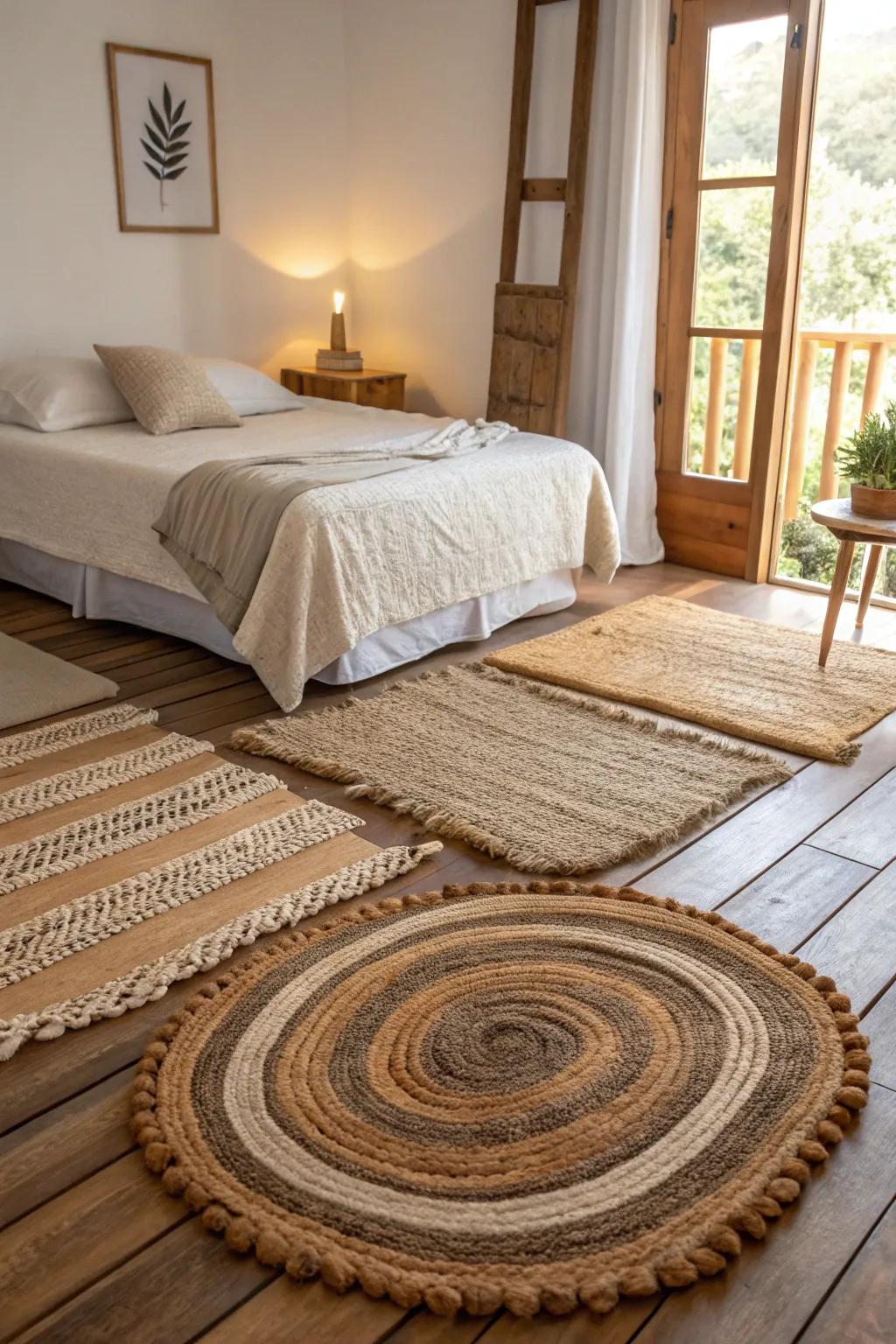 Stratified rugs furnish warmth and pattern.