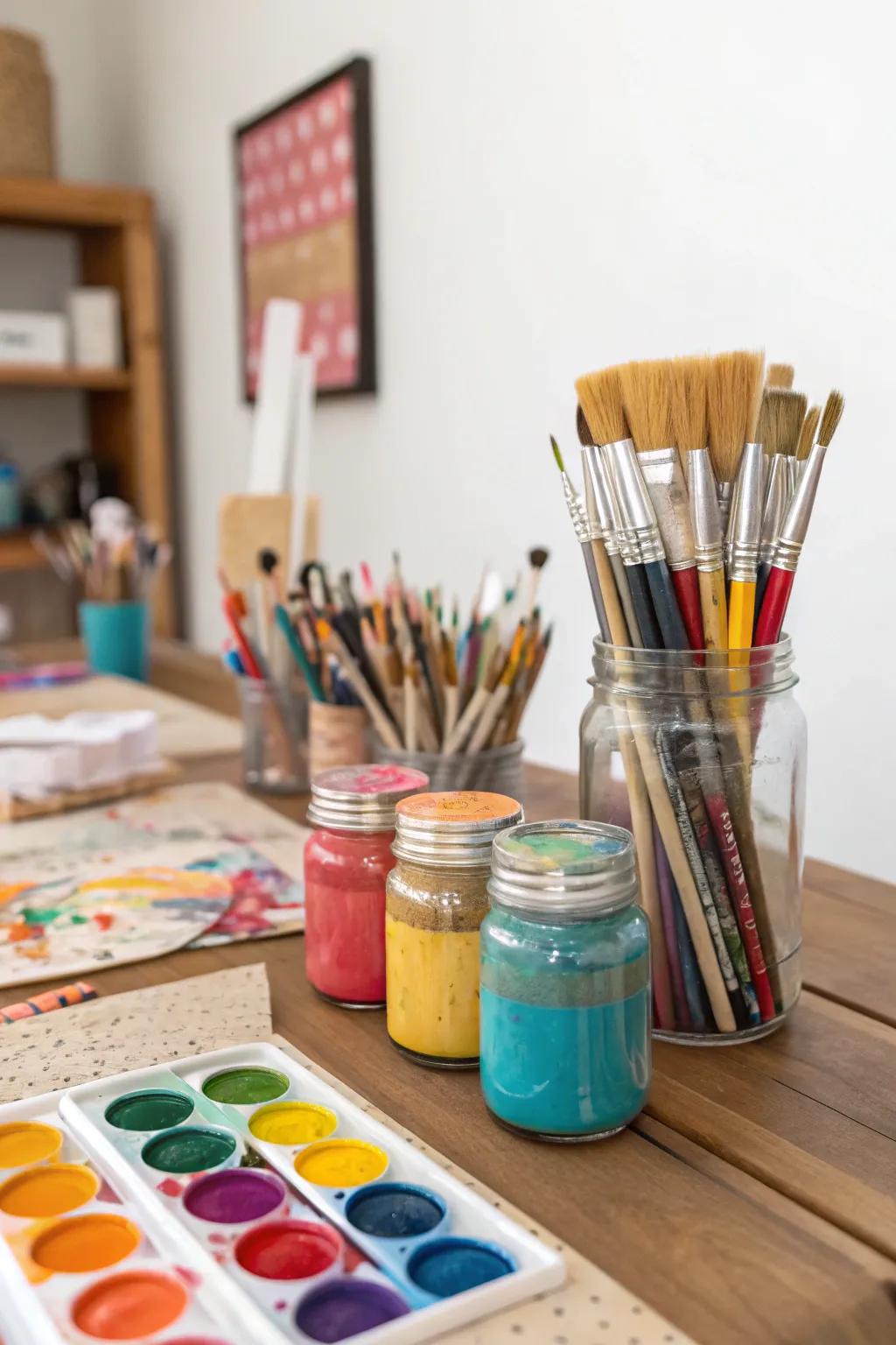 Creative paint organizers created from preserving jars keeps supplies organized.