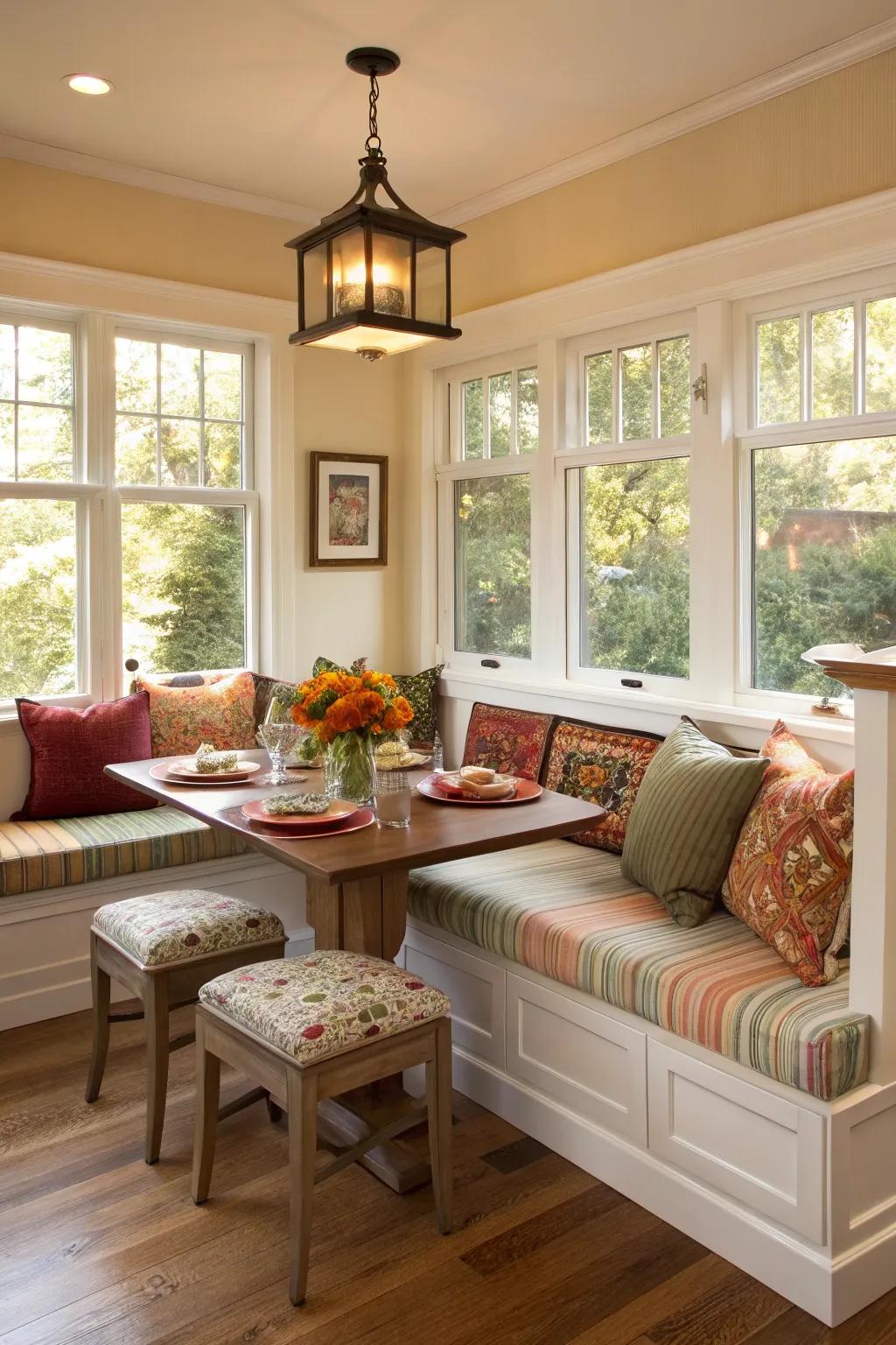 A unique dining room featuring custom cushions.