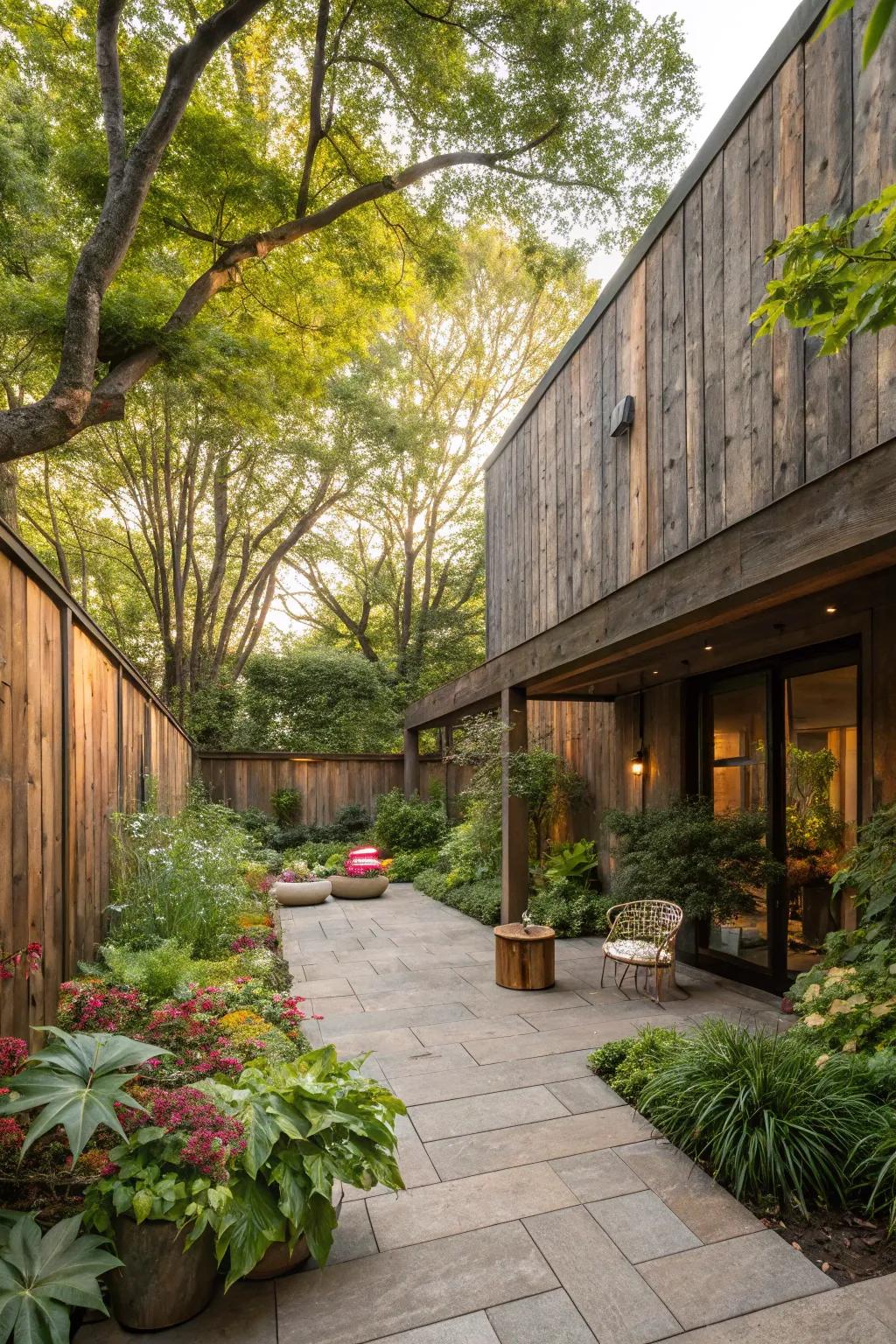 Barnwood walls adding countryside charm to an outdoor patio.