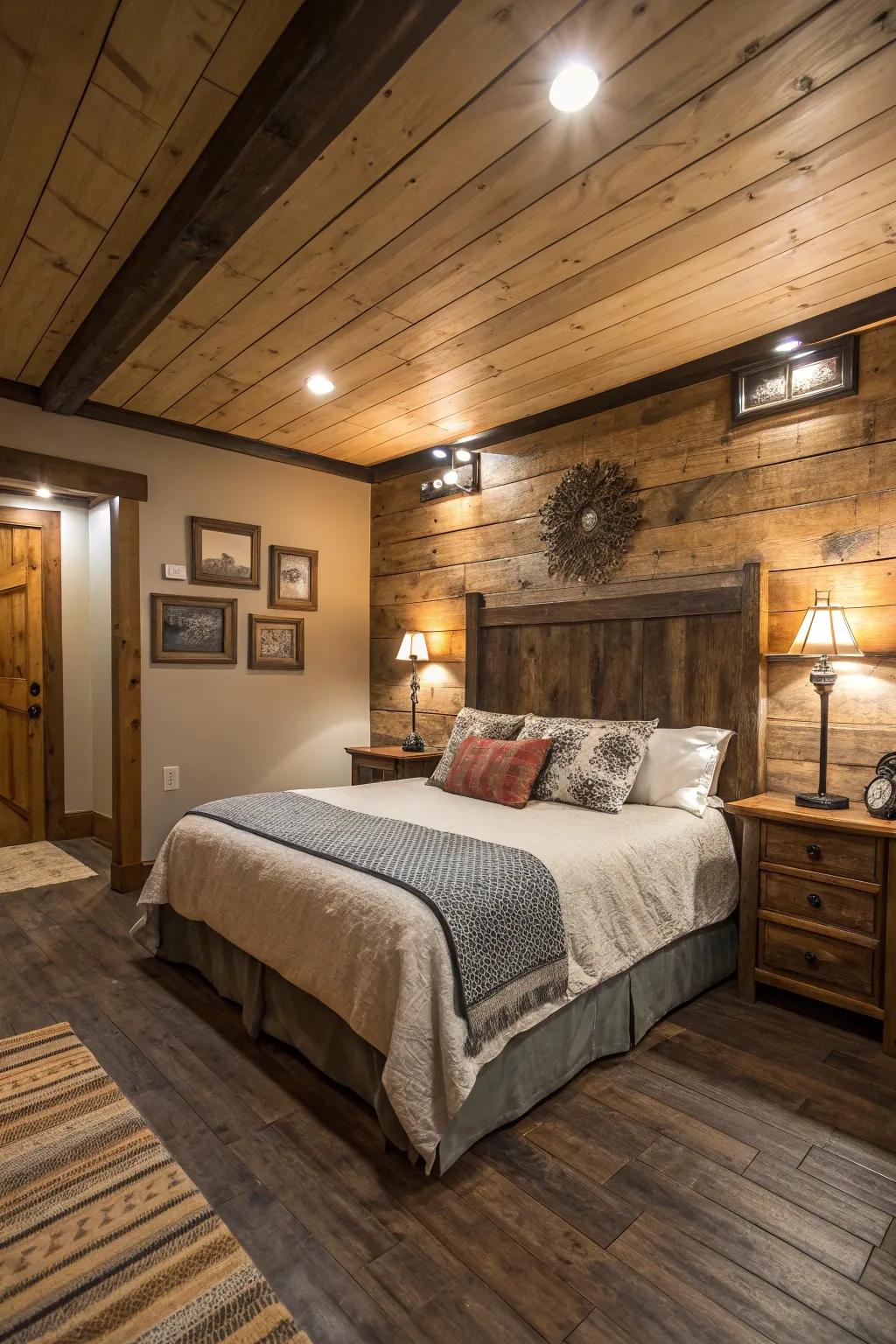Timber accents infuse warmth and texture into this inviting basement bedroom.