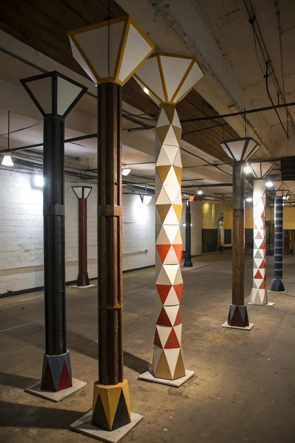Geometric patterns add a modern touch to basement posts.