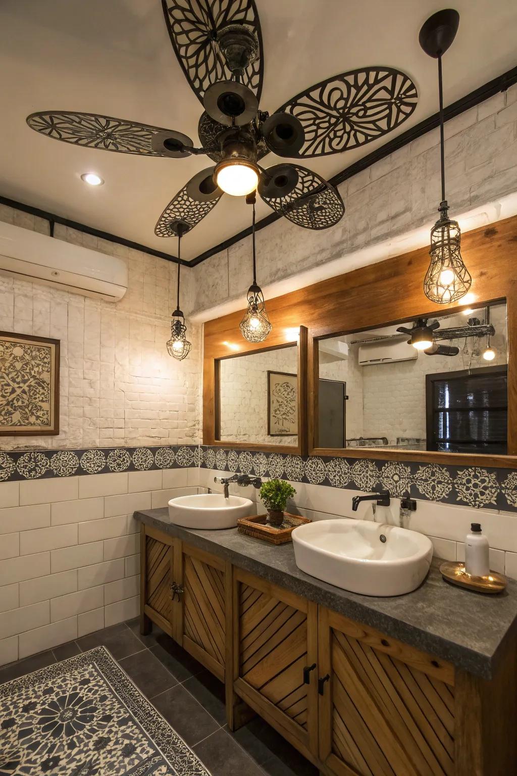 An eclectic bathroom with a unique and personalized fan design.
