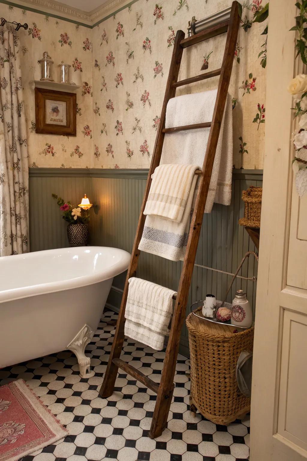 Vintage step ladders bring charm and functionality to towel displays.