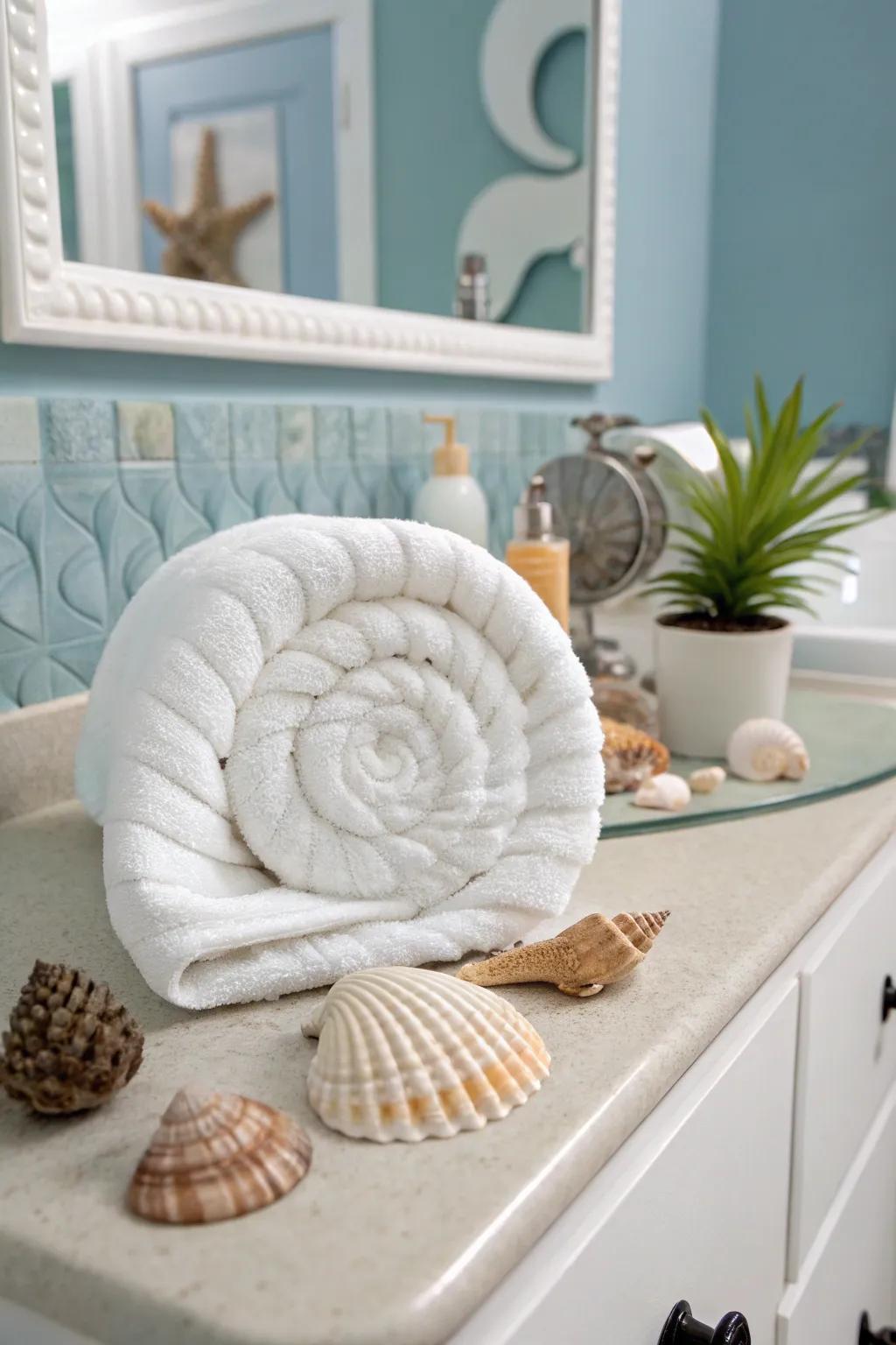 Introduce elegance with a spiraled shell towel.