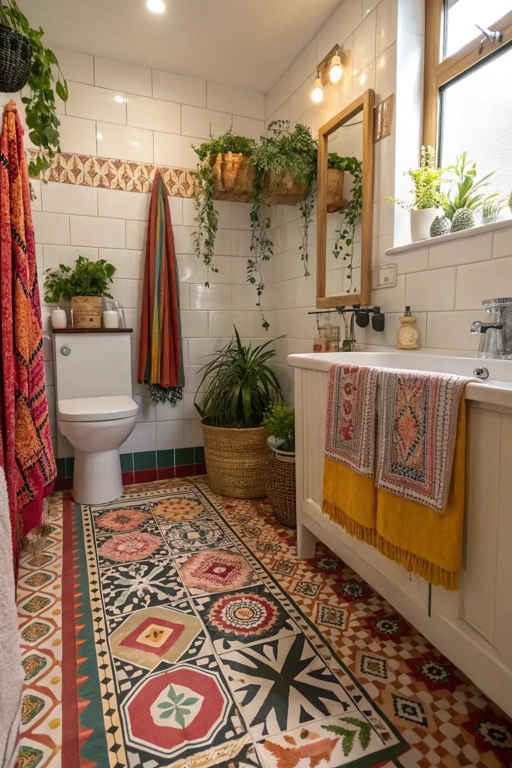 Bohemian-style plastic flooring adds a whimsical touch to this eclectic bathroom.