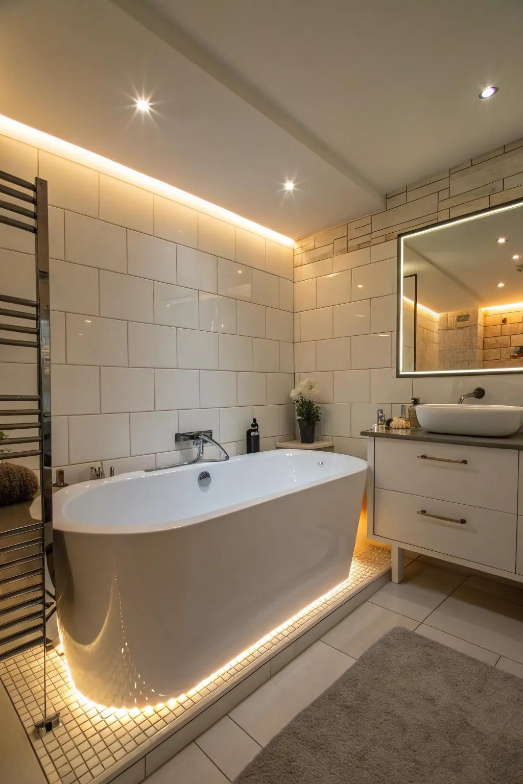 Diode illumination crafts a soothing ambiance surrounding the bathtub.