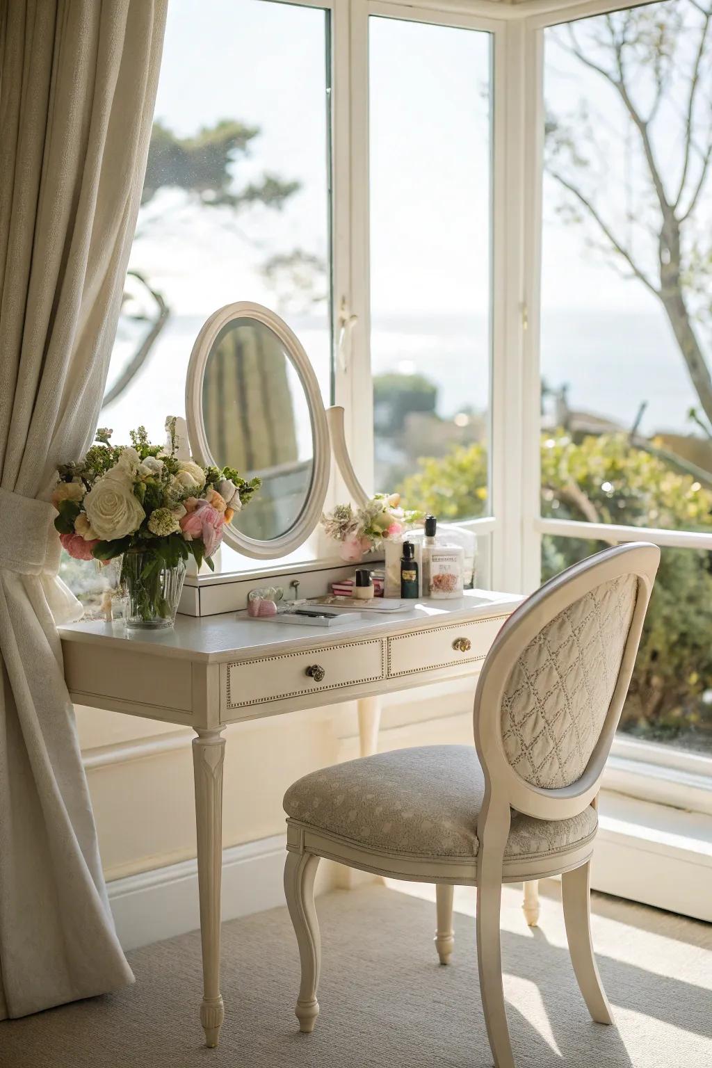 A glamorous vanity area in the bay window enhances your daily self-care routine.