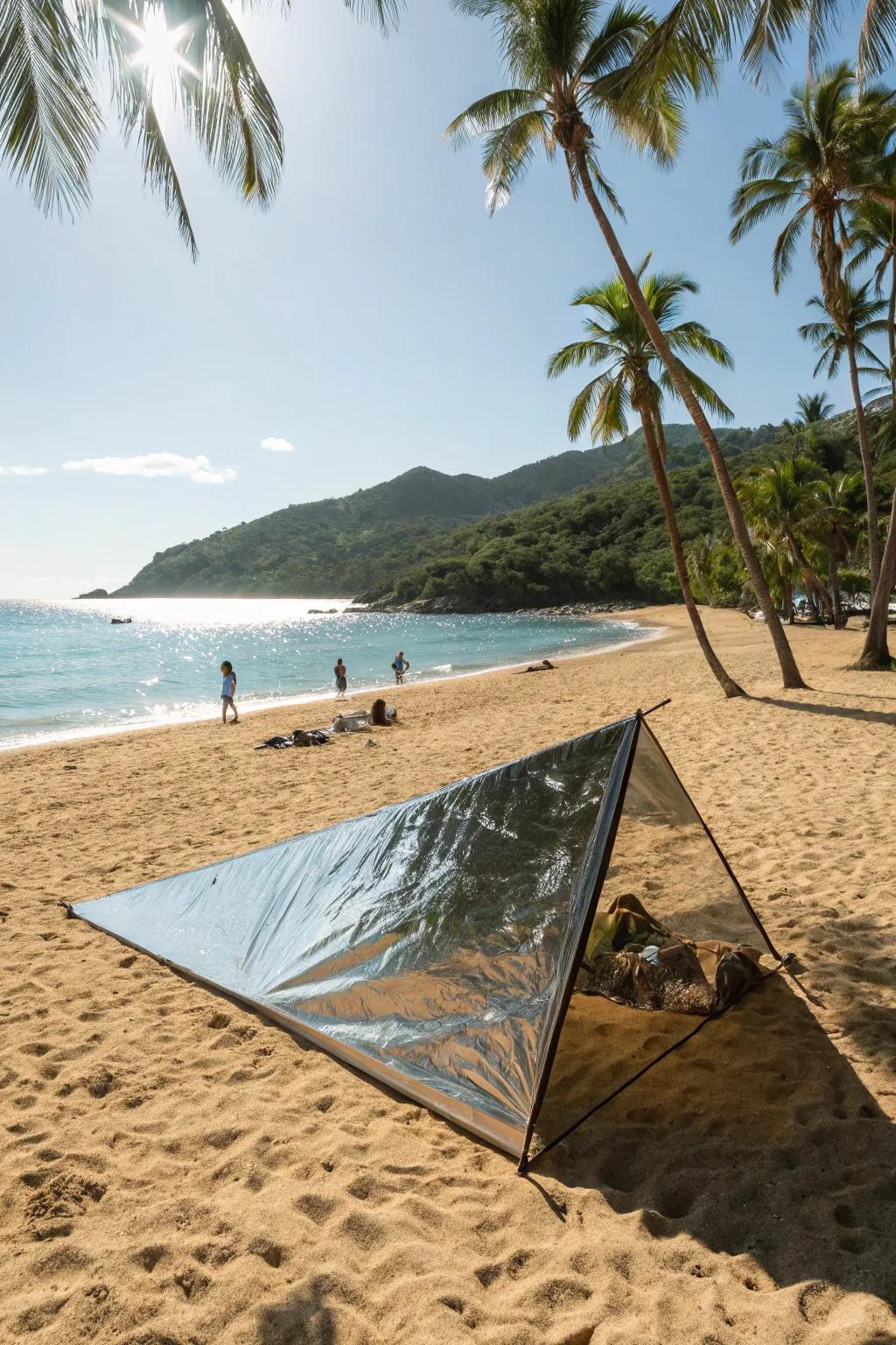 MirrorShade tarps reduce heat and are easy to set up for beach comfort.