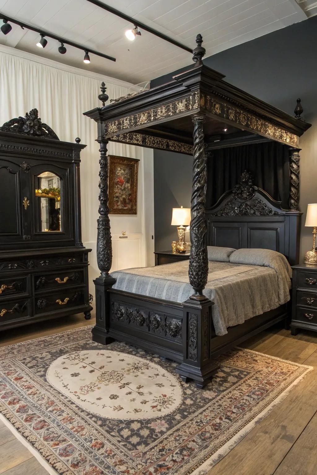 Vintage accessories add character and contrast to a room with modern ebony furniture.