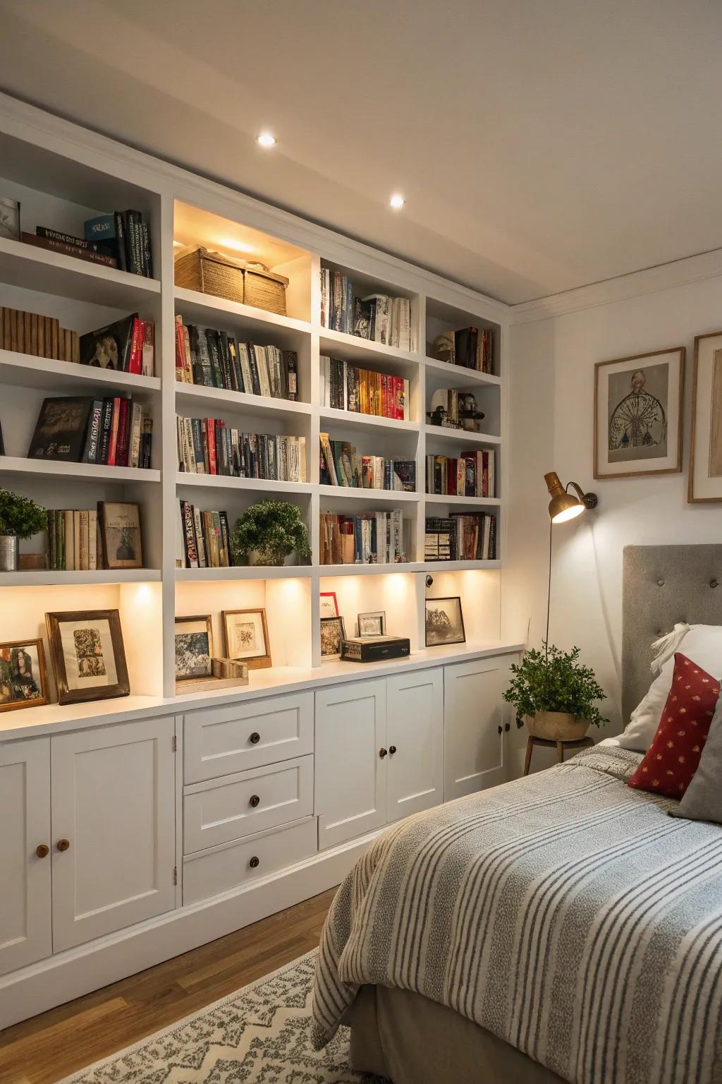 A bedroom showcasing practical and elegant custom shelving.